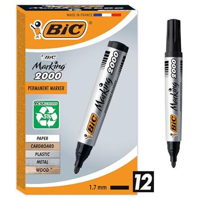 BIC Marking 2000 Permanent Marker, in Schwarz, Wasserfester Stift für Glas, Metall, Holz & Co, Strichstärke 1,7 mm, 12er Pack BIC Marking 2000 Permanent Marker, in Schwarz, Wasserfester Stift für Glas, Metall, Holz & Co, Strichstärke 1,7 mm, 12er Pack