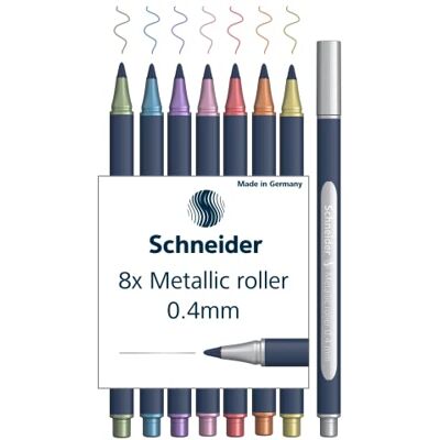 Schneider Paint-It Metallic Rollerball 050 (Strichstärke 0,4 mm, hochmetallische Tinte, schnelltrocknend, Gehäuse aus 88% biobasiertem Kunststoff) 8 Stück sortiert Schneider Paint-It Metallic Rollerball 050 (Strichstärke 0,4 mm, hochmetallische Tinte, schnelltrocknend, Gehäuse aus 88% biobasiertem Kunststoff) 8 Stück sortiert