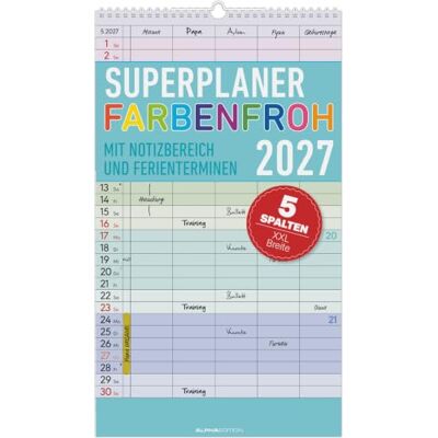 Alpha Superplaner Farbenfroh 5 Spalten 2027: bunter Familienkalender 26x45 cm mit 5 Spalten, Schulferien, Feiertagen & Notizfeld, ideal für Familienorganisation Alpha Superplaner Farbenfroh 5 Spalten 2027: bunter Familienkalender 26x45 cm mit 5 Spalten, Schulferien, Feiertagen & Notizfeld, ideal für Familienorganisation