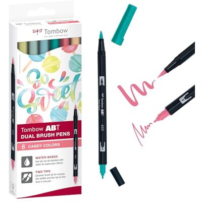 Tombow ABT Dual Brush Pen, Candy Colors, Stift mit zwei Spitzen, perfekt fürs Hand-Lettering und Bullet Journal, wasservermalbar, ABT-6C-4, 6er Set Tombow ABT Dual Brush Pen, Candy Colors, Stift mit zwei Spitzen, perfekt fürs Hand-Lettering und Bullet Journal, wasservermalbar, ABT-6C-4, 6er Set