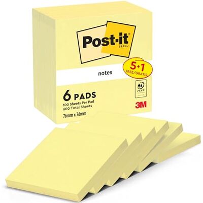 Post-it Notes, 5 + 1 Gratis-Block (600 Blatt), 76 mm x 76 mm, Gelb Selbstklebende Haftnotizen, Praktische Klebezettel für Bürobedarf, Meetings, Erinnerungen, To-Do-Listen und zum Organisieren Post-it Notes, 5 + 1 Gratis-Block (600 Blatt), 76 mm x 76 mm, Gelb Selbstklebende Haftnotizen, Praktische Klebezettel für Bürobedarf, Meetings, Erinnerungen, To-Do-Listen und zum Organisieren