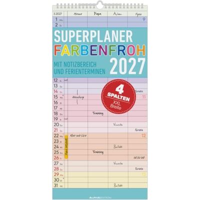 Alpha Superplaner Farbenfroh 4 Spalten 2027: bunter Familienkalender 22x45 cm mit 4 Spalten, Schulferien, Feiertagen & Notizfeld, ideal für Familienorganisation Alpha Superplaner Farbenfroh 4 Spalten 2027: bunter Familienkalender 22x45 cm mit 4 Spalten, Schulferien, Feiertagen & Notizfeld, ideal für Familienorganisation