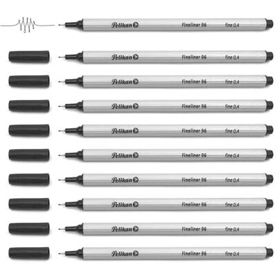 Pelikan Fineliner 96, Strichstärke 0,4 mm, Schaft silber, Kappe und Endstück in Strichfarbe, schwarz, 10 Stück Pelikan Fineliner 96, Strichstärke 0,4 mm, Schaft silber, Kappe und Endstück in Strichfarbe, schwarz, 10 Stück