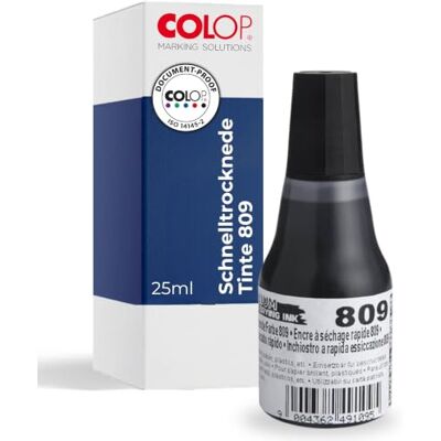 COLOP schnelltrocknende Stempelfarbe 809 Schwarz 25 ml lösungsmittelbasierend nur für Lasergummi-Textplatten dokumentenechte Farbe nach ISO 14145-2 COLOP schnelltrocknende Stempelfarbe 809 Schwarz 25 ml lösungsmittelbasierend nur für Lasergummi-Textplatten dokumentenechte Farbe nach ISO 14145-2