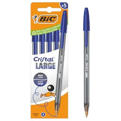 BIC Cristal Large Kugelschreiber mit breiter Spitze (1,6 mm) für einfache Lesbarkeit blaue Tinte, 5 Stück BIC Cristal Large Kugelschreiber mit breiter Spitze (1,6 mm) für einfache Lesbarkeit blaue Tinte, 5 Stück