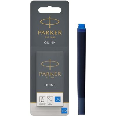 Parker Tintenpatronen für Füller lange Patronen auswaschbare blaue QUINK Tinte 10 Stück (Blister-Packung) Parker Tintenpatronen für Füller lange Patronen auswaschbare blaue QUINK Tinte 10 Stück (Blister-Packung)