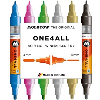 Molotow One4All Acrylic Twin Marker Metallic Set (1,5 und 4,0 mm Strichstärke, hochdeckend und permanent, schnell trocknend, nachfüllbar, für fast alle Untergründe) 6 Stück sortiert Molotow One4All Acrylic Twin Marker Metallic Set (1,5 und 4,0 mm Strichstärke, hochdeckend und permanent, schnell trocknend, nachfüllbar, für fast alle Untergründe) 6 Stück sortiert