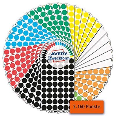 Avery 59999 selbstklebende Markierungspunkte 2.160 Stück (Ø12mm, 8 Farben mit je 270 Klebepunkte auf 5 Bogen, Farbcodierung, runde Aufkleber für Kalender, Planer und zum Basteln, Papier) Avery 59999 selbstklebende Markierungspunkte 2.160 Stück (Ø12mm, 8 Farben mit je 270 Klebepunkte auf 5 Bogen, Farbcodierung, runde Aufkleber für Kalender, Planer und zum Basteln, Papier)