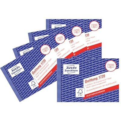 Avery 1735-5 Quittungsblock (A6 quer, 2x40 Blatt, mit Durchschlag, fälschungssicher, separat ausgewiesene MwSt., für Deutschland und Österreich) 5er Pack weiß/gelb Avery 1735-5 Quittungsblock (A6 quer, 2x40 Blatt, mit Durchschlag, fälschungssicher, separat ausgewiesene MwSt., für Deutschland und Österreich) 5er Pack weiß/gelb