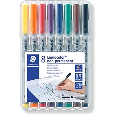 Staedtler Universalstift Lumocolor non-permanent, breite Keilspitze ca. 1,0 2,5 mm, feucht abwischbar, für fast alle Oberflächen, 8 Folienstifte in sortierten Farben, 312 WP8 Staedtler Universalstift Lumocolor non-permanent, breite Keilspitze ca. 1,0 2,5 mm, feucht abwischbar, für fast alle Oberflächen, 8 Folienstifte in sortierten Farben, 312 WP8