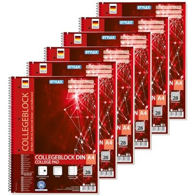 Stylex 43889-P6 Collegeblock kariert, 6 Stück in DIN A4, je 80 Blatt mit 60 g/m² mit Spiralbindung Stylex 43889-P6 Collegeblock kariert, 6 Stück in DIN A4, je 80 Blatt mit 60 g/m² mit Spiralbindung