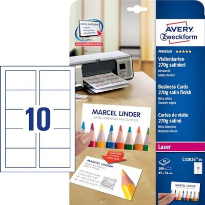 Avery C32026-10 Premium Visitenkarten, blanko (100 Stück, 270g, 85x54 mm, beidseitig bedruckbar, satiniert ultraweiß, absolut glatte Kanten, 10 Blatt) zum Selbstbedrucken auf Laser-Druckern Avery C32026-10 Premium Visitenkarten, blanko (100 Stück, 270g, 85x54 mm, beidseitig bedruckbar, satiniert ultraweiß, absolut glatte Kanten, 10 Blatt) zum Selbstbedrucken auf Laser-Druckern