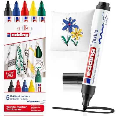 edding 4500 Textilmarker schwarz, rot, blau, grün, gelb 5 Stück Rundspitze 2-3 mm Textilstifte waschmaschinenfest (60 °C) zum Stoff bemalen Stoffmalstift edding 4500 Textilmarker schwarz, rot, blau, grün, gelb 5 Stück Rundspitze 2-3 mm Textilstifte waschmaschinenfest (60 °C) zum Stoff bemalen Stoffmalstift