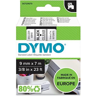 Dymo Original D1-Etikettenband schwarz auf transparent 9 mm x 7 m selbstklebendes Etikettenband für LabelManager-Beschriftungsgerät Dymo Original D1-Etikettenband schwarz auf transparent 9 mm x 7 m selbstklebendes Etikettenband für LabelManager-Beschriftungsgerät