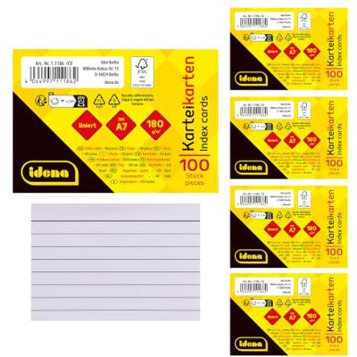 Idena 90279 Karteikarten DIN A7, 500 Stück liniert, Lernkarten aus 180 g/m² FSC-Mix Papier in Weiß, für Schule und Büro Idena 90279 Karteikarten DIN A7, 500 Stück liniert, Lernkarten aus 180 g/m² FSC-Mix Papier in Weiß, für Schule und Büro