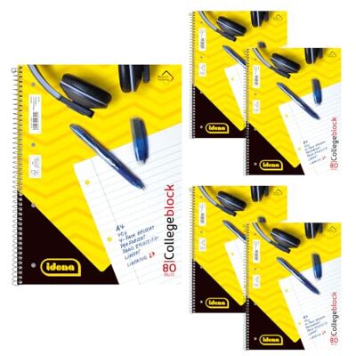 Idena 90366-5 Stück Collegeblock A4 mit 80 Blatt liniert und Doppelrand, Block mit Spiralbindung, 70g/m² Papier 4-fach gelocht und perforiert Idena 90366-5 Stück Collegeblock A4 mit 80 Blatt liniert und Doppelrand, Block mit Spiralbindung, 70g/m² Papier 4-fach gelocht und perforiert