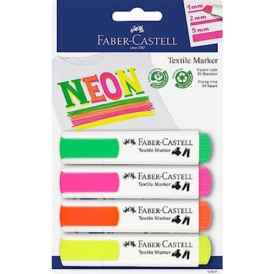 Faber-Castell 159591 Textilmarker in Neonfarben für helle Stoffe, 4 Neon Marker, 1-5 mm Strichbreite Faber-Castell 159591 Textilmarker in Neonfarben für helle Stoffe, 4 Neon Marker, 1-5 mm Strichbreite