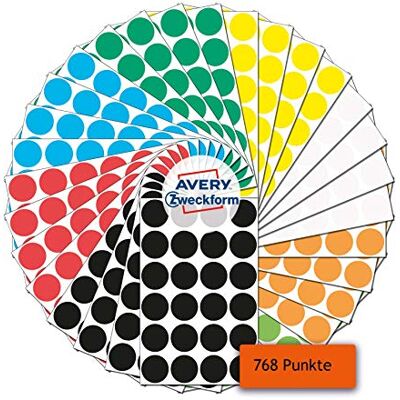 Avery 59998 selbstklebende Markierungspunkte 768 Stück (Ø18mm, 8 Farben mit je 96 Klebepunkten auf 4 Bogen, Farbcodierung, runde Aufkleber für Kalender, Planer und zum Basteln, Papier) Avery 59998 selbstklebende Markierungspunkte 768 Stück (Ø18mm, 8 Farben mit je 96 Klebepunkten auf 4 Bogen, Farbcodierung, runde Aufkleber für Kalender, Planer und zum Basteln, Papier)