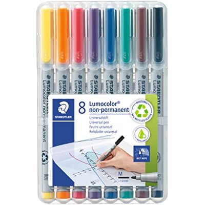 Staedtler Universalstift Lumocolor non-permanent, Strichbreite 1,0mm, für fast alle Oberflächen, wasserlösliche Tinte, 8 Marker in sortierten Farben in der aufstellbaren Box, 315 WP8 Staedtler Universalstift Lumocolor non-permanent, Strichbreite 1,0mm, für fast alle Oberflächen, wasserlösliche Tinte, 8 Marker in sortierten Farben in der aufstellbaren Box, 315 WP8