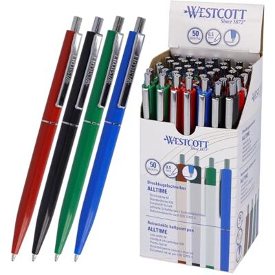 Westcott Kugelschreiber ALLTIME Mix 50 Stück Vorteilspack Druckkugelschreiber mit blauer Tinte Strichstärke M mit X20 Standardmine Dokumentenecht ISO 12757-2 Stabiler Metallclip E-737487 00 Westcott Kugelschreiber ALLTIME Mix 50 Stück Vorteilspack Druckkugelschreiber mit blauer Tinte Strichstärke M mit X20 Standardmine Dokumentenecht ISO 12757-2 Stabiler Metallclip E-737487 00