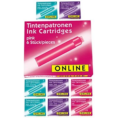 Online 17032 Standard-Tintenpatronen Bunt im Vorteilspack, universelle Füller-Tinte, kompatibel mit allen Standard-Füllern, Ersatz-Patronen für Füllhalter und Rollerball, Farbe türkis/pink/violett Online 17032 Standard-Tintenpatronen Bunt im Vorteilspack, universelle Füller-Tinte, kompatibel mit allen Standard-Füllern, Ersatz-Patronen für Füllhalter und Rollerball, Farbe türkis/pink/violett
