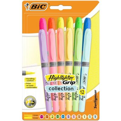 BIC Highlighter Grip Textmarker mit abgeschrägter Spitze, verstellbar, Farben in intensiven und Pastelltönen, sortiert, 12 Stück BIC Highlighter Grip Textmarker mit abgeschrägter Spitze, verstellbar, Farben in intensiven und Pastelltönen, sortiert, 12 Stück