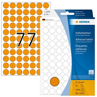 HERMA 2234 Punktaufkleber Klebepunkte leuchtorange, 1848 Stück, Ø 13 mm, 77 pro Bogen, selbstklebend, Markierungspunkte für Kalender Planer Basteln, matt, blanko Papier Farbpunkte Aufkleber HERMA 2234 Punktaufkleber Klebepunkte leuchtorange, 1848 Stück, Ø 13 mm, 77 pro Bogen, selbstklebend, Markierungspunkte für Kalender Planer Basteln, matt, blanko Papier Farbpunkte Aufkleber