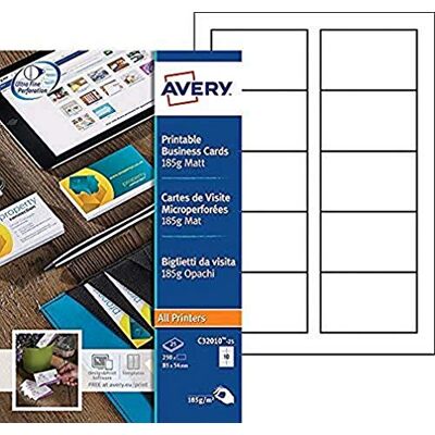 Avery Packung mit 250 bedruckbaren Visitenkarten, aus matter weißer Karton, 185 g/m², Format 85 x 54 mm, Laser/Tintenstrahldruck, (C32010-25) Avery Packung mit 250 bedruckbaren Visitenkarten, aus matter weißer Karton, 185 g/m², Format 85 x 54 mm, Laser/Tintenstrahldruck, (C32010-25)