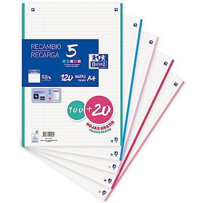 Oxford , A4 linierte Blätter, perforiert, 1 Linie, 120 Blatt, 4 Bohrungen, 5 Pastellbänder Oxford , A4 linierte Blätter, perforiert, 1 Linie, 120 Blatt, 4 Bohrungen, 5 Pastellbänder