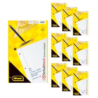 Idena 90388 Block kariert A4, 10 Stück, Schulblock mit 50 Blatt und Doppelrand, 70g/m² Papier 4-fach gelocht und kopfgeleimt Idena 90388 Block kariert A4, 10 Stück, Schulblock mit 50 Blatt und Doppelrand, 70g/m² Papier 4-fach gelocht und kopfgeleimt