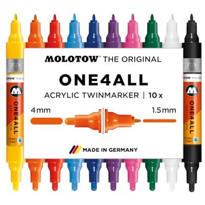 Molotow One4All Acrylic Twin Marker Basic Set 1 (1,5 und 4,0 mm Strichstärke, hochdeckend und permanent, schnell trocknend, nachfüllbar, für fast alle Untergründe) 10 Stück sortiert Molotow One4All Acrylic Twin Marker Basic Set 1 (1,5 und 4,0 mm Strichstärke, hochdeckend und permanent, schnell trocknend, nachfüllbar, für fast alle Untergründe) 10 Stück sortiert