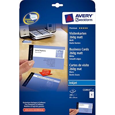 Avery C32015-25 Premium Visitenkarten, blanko (200 Stück, 260g, 85x54 mm, beidseitig bedruckbar, matt weiß, absolut glatte Kanten, 25 Blatt) zum Selbstbedrucken auf Inkjet-Druckern Avery C32015-25 Premium Visitenkarten, blanko (200 Stück, 260g, 85x54 mm, beidseitig bedruckbar, matt weiß, absolut glatte Kanten, 25 Blatt) zum Selbstbedrucken auf Inkjet-Druckern