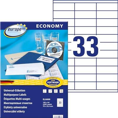 Europe100 Art. ELA009 Universal Etiketten (3.300 Klebeetiketten, 70x25,4mm auf A4, Papier matt, individuell bedruckbar, selbstklebende Aufkleber, kompatibel zu AVERY 3421) 100 Blatt, weiß Europe100 Art. ELA009 Universal Etiketten (3.300 Klebeetiketten, 70x25,4mm auf A4, Papier matt, individuell bedruckbar, selbstklebende Aufkleber, kompatibel zu AVERY 3421) 100 Blatt, weiß