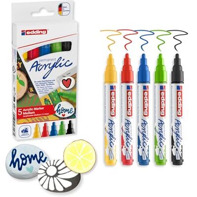 edding 5100 Acrylmarker schwarz, rot, blau, gelb, gelb-grün 5 Acrylfarben Set (basic) Rundspitze 2-3 mm Acryl Farben zum Malen auf Leinwand, Holz, Steine Acrylstifte für Steine wasserfest edding 5100 Acrylmarker schwarz, rot, blau, gelb, gelb-grün 5 Acrylfarben Set (basic) Rundspitze 2-3 mm Acryl Farben zum Malen auf Leinwand, Holz, Steine Acrylstifte für Steine wasserfest