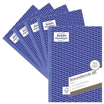 Avery 305-5 Kassenbericht (A5, 50 Blatt, mikroperforiert, retrograde Ermittlung der Tageseinnahmen, von Rechtsexperten geprüft, für DE/AT, zur ordnungsgemäßen Buchführung) 5er-Pack, weiß Avery 305-5 Kassenbericht (A5, 50 Blatt, mikroperforiert, retrograde Ermittlung der Tageseinnahmen, von Rechtsexperten geprüft, für DE/AT, zur ordnungsgemäßen Buchführung) 5er-Pack, weiß