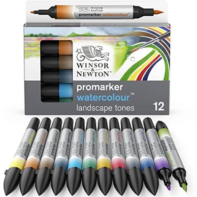 Winsor & Newton 0290167 ProMarker Aquarellmarker 2 Spitzen, Pinsel- und feiner Spitze, lichtecht, hochpigmentierte Aquarellfarben für Kalligrafie, Zeichnungen, 12 Farben Set Landschaftsfarben Winsor & Newton 0290167 ProMarker Aquarellmarker 2 Spitzen, Pinsel- und feiner Spitze, lichtecht, hochpigmentierte Aquarellfarben für Kalligrafie, Zeichnungen, 12 Farben Set Landschaftsfarben