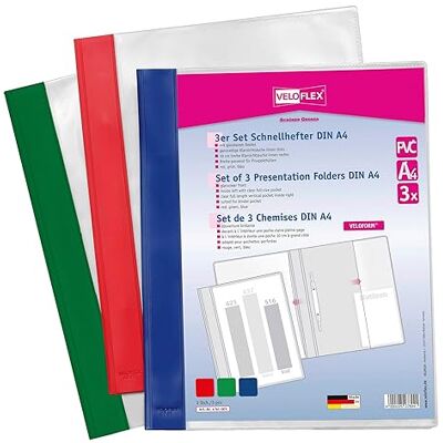 VELOFLEX Schnellhefter DIN A4 PVC 3 Stück Grün Rot Blau Mit glasklarem Vorderdeckel, Klarsichttasche, 10 cm Längstasche, passend für DIN A4 und Prospekthüllen VELOFLEX Schnellhefter DIN A4 PVC 3 Stück Grün Rot Blau Mit glasklarem Vorderdeckel, Klarsichttasche, 10 cm Längstasche, passend für DIN A4 und Prospekthüllen