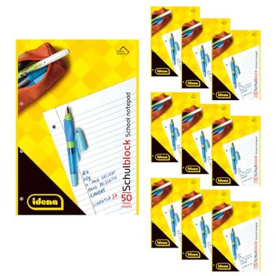 Idena 90387 Block liniert A4, 10 Stück, Schulblock mit 50 Blatt und Doppelrand, 70g/m² Papier 4-fach gelocht und kopfgeleimt Idena 90387 Block liniert A4, 10 Stück, Schulblock mit 50 Blatt und Doppelrand, 70g/m² Papier 4-fach gelocht und kopfgeleimt