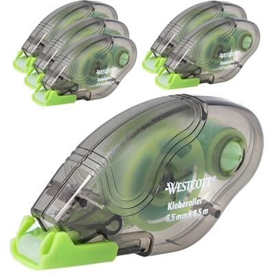 Westcott Kleberoller permanent klebend 6 Stück transparent & reißfest starke Haftkraft für Foto, Papier oder Karton 8,5m x 6,5mm Kleberolle E-730501 00 Westcott Kleberoller permanent klebend 6 Stück transparent & reißfest starke Haftkraft für Foto, Papier oder Karton 8,5m x 6,5mm Kleberolle E-730501 00