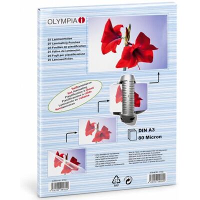 Olympia Laminierfolien DIN A3 80 Mic, Hochwertige Laminierfolien im 25er Pack, transparent, glänzend, für den Einsatz zu Hause oder im Büro Olympia Laminierfolien DIN A3 80 Mic, Hochwertige Laminierfolien im 25er Pack, transparent, glänzend, für den Einsatz zu Hause oder im Büro