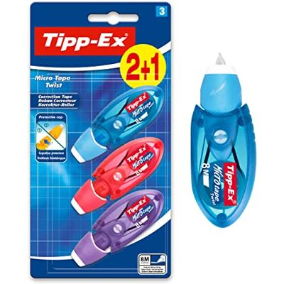 BIC Tipp-Ex Korrekturroller Micro Tape Twist mit Schutzkappe, in 3 Farben (nicht wählbar), 8m x 5 mm, 3er Pack, Ideal für die Schule BIC Tipp-Ex Korrekturroller Micro Tape Twist mit Schutzkappe, in 3 Farben (nicht wählbar), 8m x 5 mm, 3er Pack, Ideal für die Schule