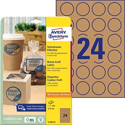 Avery L7105-25 Kraftpapier Etiketten (600 Aufkleber zum Bedrucken, Ø40mm auf A4, selbstklebend, runde Recycling Etiketten, nachhaltige Produktaufkleber) 25 Blatt, naturbraun Avery L7105-25 Kraftpapier Etiketten (600 Aufkleber zum Bedrucken, Ø40mm auf A4, selbstklebend, runde Recycling Etiketten, nachhaltige Produktaufkleber) 25 Blatt, naturbraun