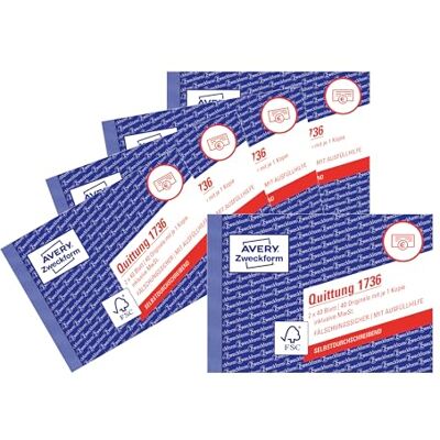 Avery 1736-5 Quittungsblock (A6 quer, 2x40 Blatt, mit Durchschlag, fälschungssicher, inkl. MwSt., für Deutschland und Österreich) 5er Pack weiß/gelb Avery 1736-5 Quittungsblock (A6 quer, 2x40 Blatt, mit Durchschlag, fälschungssicher, inkl. MwSt., für Deutschland und Österreich) 5er Pack weiß/gelb