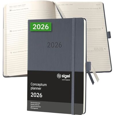 Sigel C2666 Wochenplaner Wochenkalender 2026, ca. A5, dunkelgrau, Hardcover, 192 Seiten, Gummiband, Stiftschlaufe, Archivtasche, aus nachhaltigem Papier, Kalenderbuch Conceptum Sigel C2666 Wochenplaner Wochenkalender 2026, ca. A5, dunkelgrau, Hardcover, 192 Seiten, Gummiband, Stiftschlaufe, Archivtasche, aus nachhaltigem Papier, Kalenderbuch Conceptum