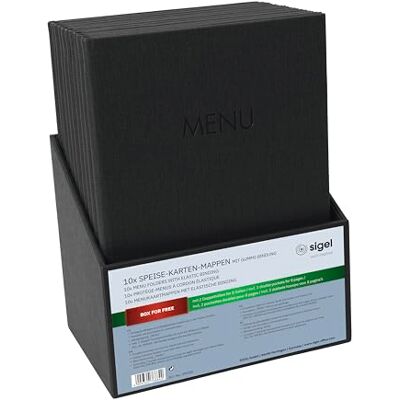 Sigel Speisekartenmappen A4 mit Gummibindung schwarz Set 10 Stück mit Box SM200, Mit Leinenstruktur, inkl. Aufbewahrungsbox, strapazierfähig und leicht abwischbar Sigel Speisekartenmappen A4 mit Gummibindung schwarz Set 10 Stück mit Box SM200, Mit Leinenstruktur, inkl. Aufbewahrungsbox, strapazierfähig und leicht abwischbar