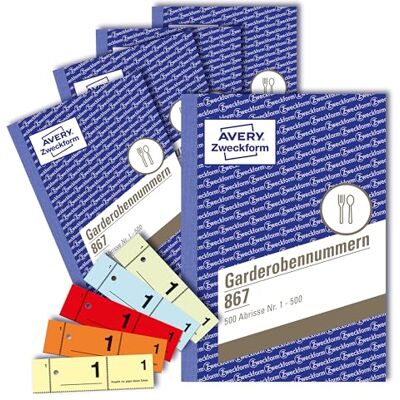 Avery 867-5 Garderobennummern (A6, 2.500 durchnummerierte Abrisse von 1-500 pro Block, je 100 Stück in einer anderen Farbe, 5 Blöcke mit je 500 Nummern) gelb, orange, rot, blau, grün Avery 867-5 Garderobennummern (A6, 2.500 durchnummerierte Abrisse von 1-500 pro Block, je 100 Stück in einer anderen Farbe, 5 Blöcke mit je 500 Nummern) gelb, orange, rot, blau, grün
