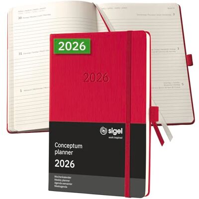 Sigel C2664 Wochenplaner Wochenkalender 2026, ca. A5, rot, Hardcover, 192 Seiten, Gummiband, Stiftschlaufe, Archivtasche, aus nachhaltigem Papier, Kalenderbuch Conceptum Sigel C2664 Wochenplaner Wochenkalender 2026, ca. A5, rot, Hardcover, 192 Seiten, Gummiband, Stiftschlaufe, Archivtasche, aus nachhaltigem Papier, Kalenderbuch Conceptum
