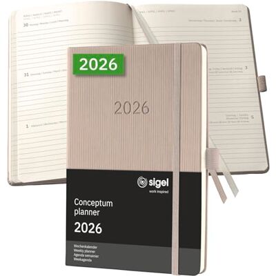 Sigel C2660 Wochenplaner Wochenkalender 2026, ca. A5, taupe, Hardcover, 192 Seiten, Gummiband, Stiftschlaufe, Archivtasche, aus nachhaltigem Papier, Kalenderbuch Conceptum Sigel C2660 Wochenplaner Wochenkalender 2026, ca. A5, taupe, Hardcover, 192 Seiten, Gummiband, Stiftschlaufe, Archivtasche, aus nachhaltigem Papier, Kalenderbuch Conceptum