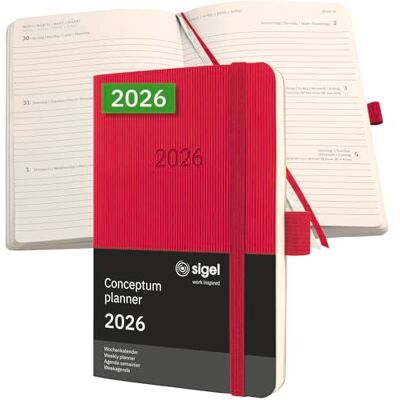 Sigel C2635 Wochenplaner Wochenkalender 2026, ca. A6, rot, Softcover, 176 Seiten, Gummiband, Stiftschlaufe, Archivtasche, aus nachhaltigem Papier, Kalenderbuch Conceptum Sigel C2635 Wochenplaner Wochenkalender 2026, ca. A6, rot, Softcover, 176 Seiten, Gummiband, Stiftschlaufe, Archivtasche, aus nachhaltigem Papier, Kalenderbuch Conceptum