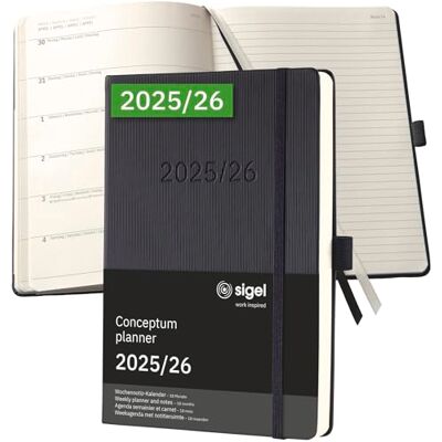 Sigel C2603 Terminplaner Wochennotiz-Kalender 2025/2026 A5, schwarz, Hardcover, 256 Seiten, Gummiband, Stiftschlaufe, Archivtasche, nachhaltiges Papier, 18-Monatskalender, Kalenderbuch Conceptum Sigel C2603 Terminplaner Wochennotiz-Kalender 2025/2026 A5, schwarz, Hardcover, 256 Seiten, Gummiband, Stiftschlaufe, Archivtasche, nachhaltiges Papier, 18-Monatskalender, Kalenderbuch Conceptum